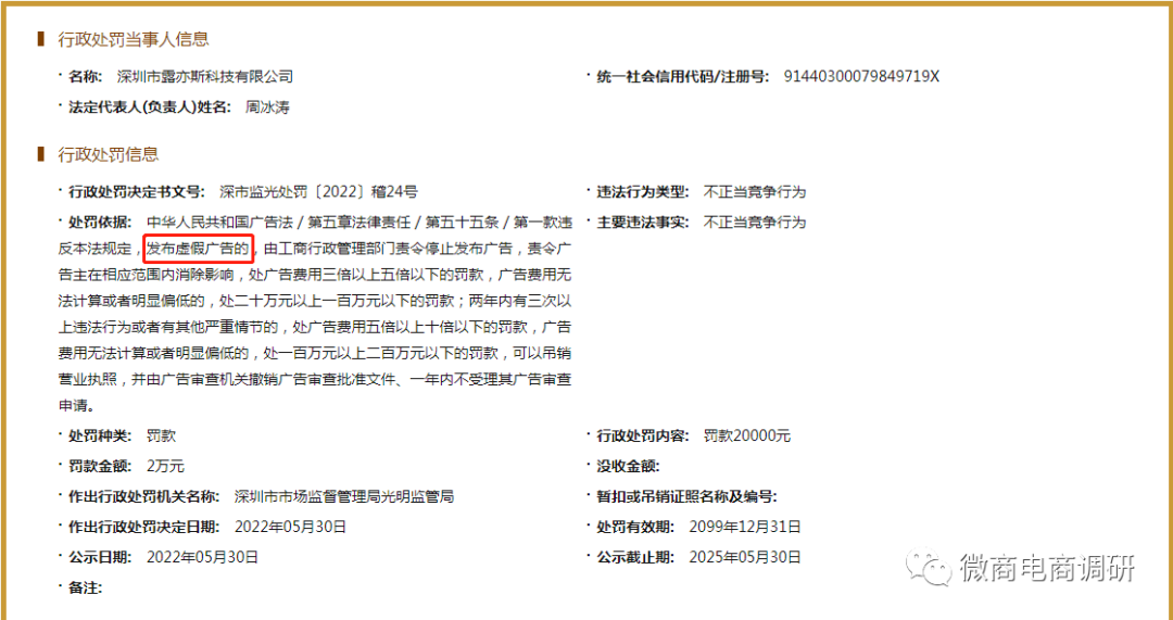 深圳市露亦斯公司因不正当竞争行为被处罚2万元